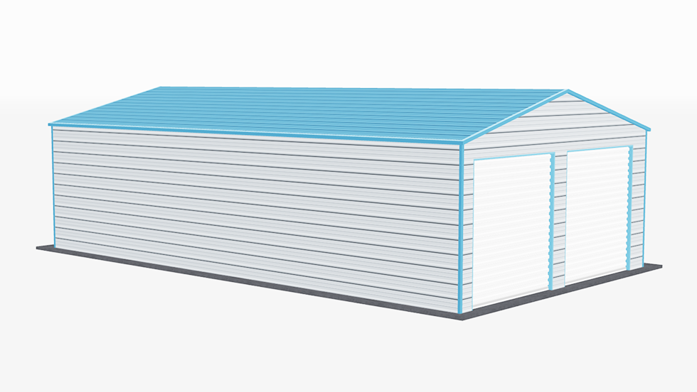 Click to view great prices for 20' wide metal garage with 140 MPH/30 PSF certification. This 20' wide and 35' long garage  has enclosed walls with roll-up door(s). This carport garage building is built with 2.5" 14 Gauge Galvanized Tubing.