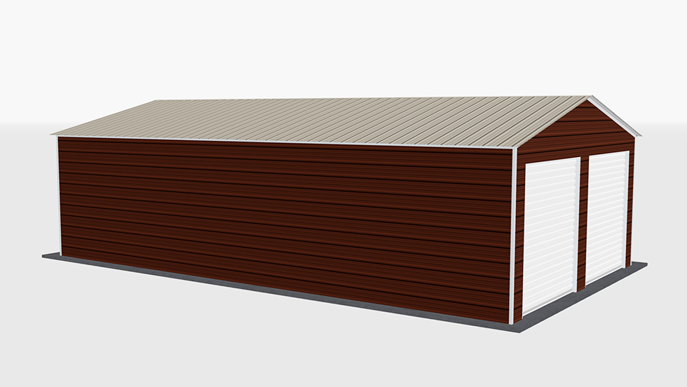 Click to view great prices for 20' wide metal garage with 140 MPH/30 PSF certification. This 20' wide and 35' long garage  has enclosed walls with roll-up door(s). This carport garage building is built with 2.5" 14 Gauge Galvanized Tubing.