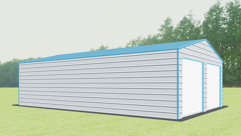 A-frame Roof 22x35' Metal Garage with 140 MPH/30 PSF certification. This 22' wide and 35' long Boxed-eave style roof garage has enclosed walls with roll-up door(s). This carport garage building has is built with 2.5" 14 Gauge Galvanized Tubing.