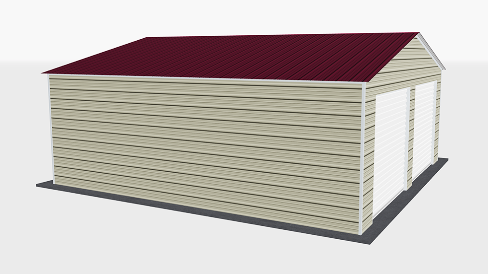 Click to view great prices for 24' wide metal garage with 140 MPH/30 PSF certification. This 24' wide and 25' long garage  has enclosed walls with roll-up door(s). This carport garage building is built with 2.5" 14 Gauge Galvanized Tubing.