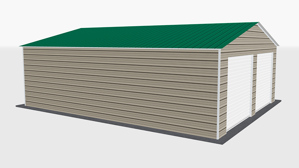 Click to view great prices for 24' wide metal garage with 140 MPH/30 PSF certification. This 24' wide and 30' long garage  has enclosed walls with roll-up door(s). This carport garage building is built with 2.5" 14 Gauge Galvanized Tubing.