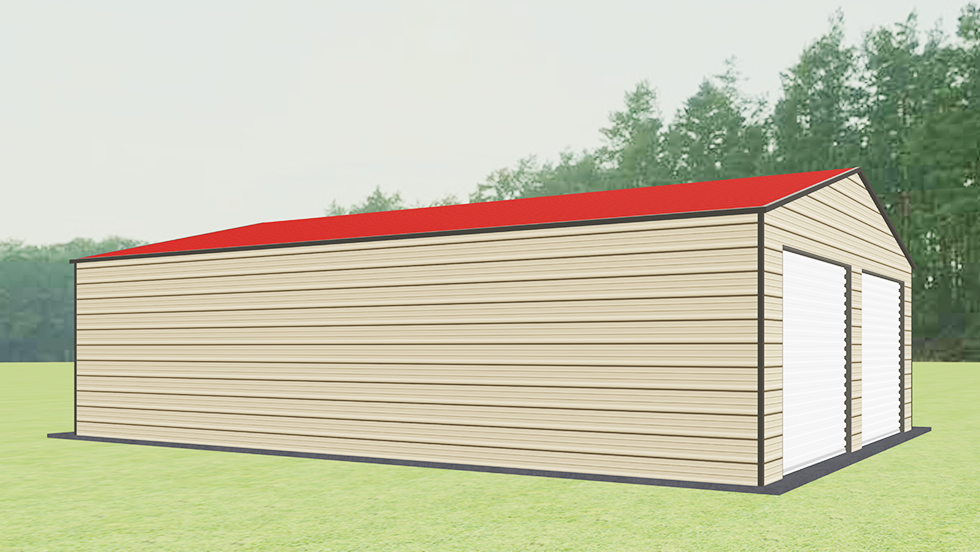 A-frame Roof 26x35' Metal Garage with 140 MPH/30 PSF certification. This 26' wide and 35' long Boxed-eave style roof garage has enclosed walls with roll-up door(s). This carport garage building has is built with 2.5" 14 Gauge Galvanized Tubing.