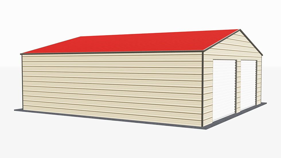 Click to view great prices for 28' wide metal garage with 140 MPH/30 PSF certification. This 28' wide and 30' long garage  has enclosed walls with roll-up door(s). This carport garage building is built with 2.5" 14 Gauge Galvanized Tubing.
