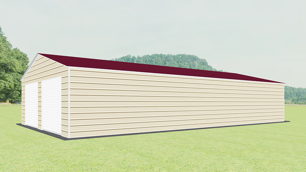 Click to view great prices for 28' wide metal garage with 140 MPH/30 PSF certification. This 28' wide and 50' long garage  has enclosed walls with roll-up door(s). This carport garage building is built with 2.5" 14 Gauge Galvanized Tubing.