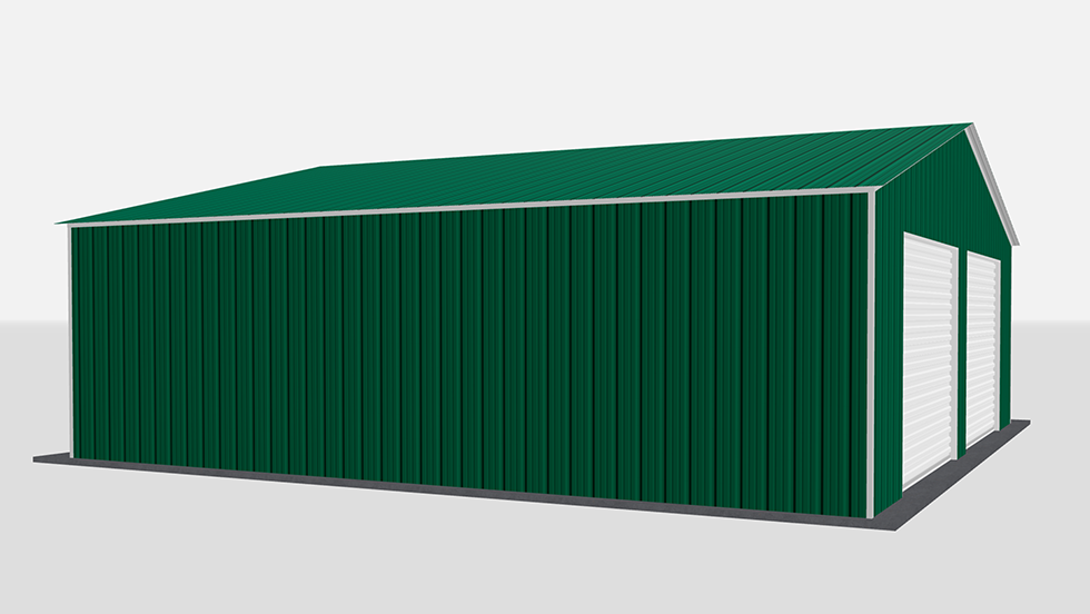 Click to view great prices for 30' wide metal garage with 140 MPH/30 PSF certification. This 30' wide and 30' long garage  has enclosed walls with roll-up door(s). This carport garage building is built with 2.5" 14 Gauge Galvanized Tubing.