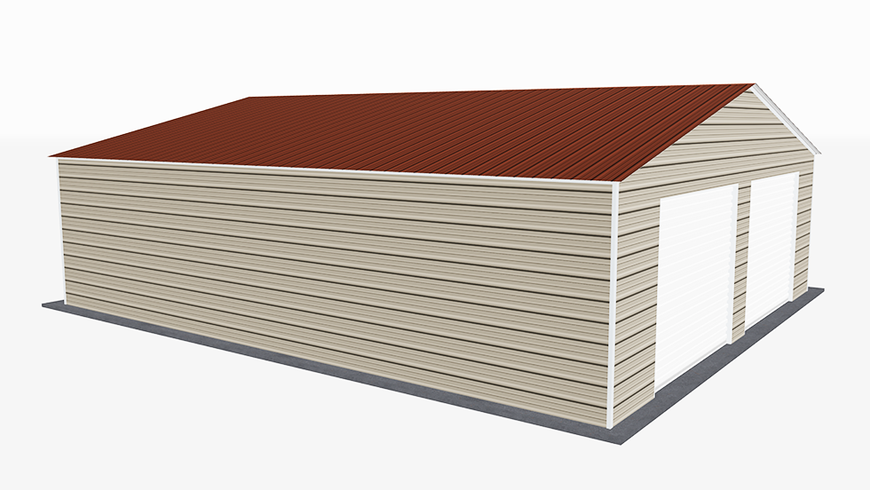 Click to view great prices for 30' wide metal garage with 140 MPH/30 PSF certification. This 30' wide and 35' long garage  has enclosed walls with roll-up door(s). This carport garage building is built with 2.5" 14 Gauge Galvanized Tubing.