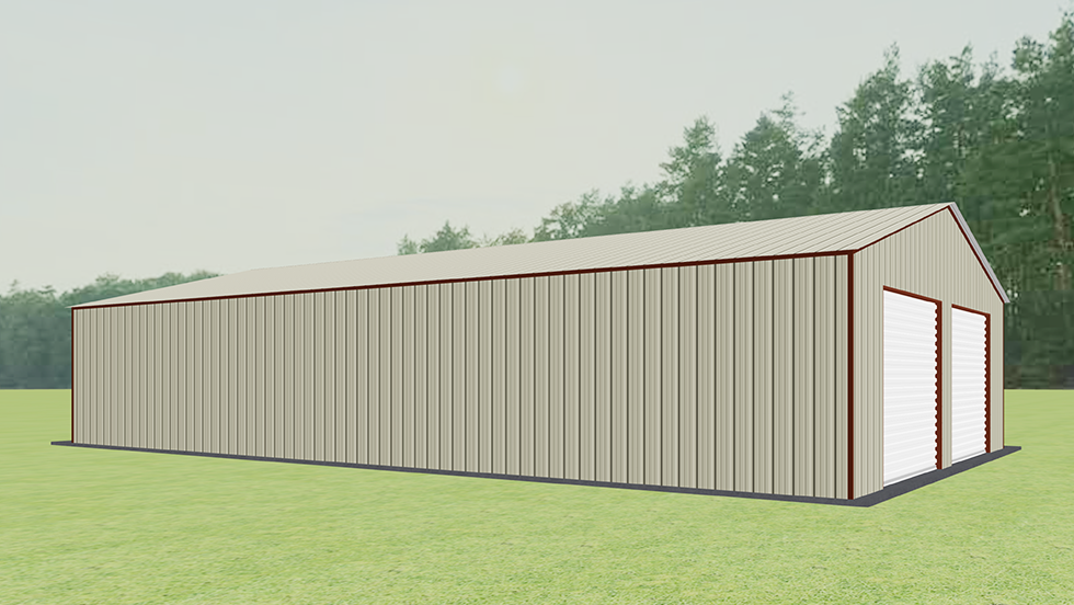 Click to view great prices for 30' wide metal garage with 140 MPH/30 PSF certification. This 30' wide and 50' long garage  has enclosed walls with roll-up door(s). This carport garage building is built with 2.5" 14 Gauge Galvanized Tubing.